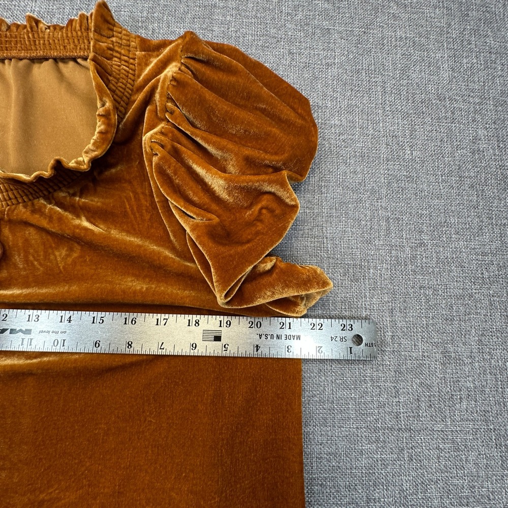 Free People Terese Velvet Top Womens M Pumpkin Pie Puff Sleeve Tassel Tie Neck - Picture 7 of 9